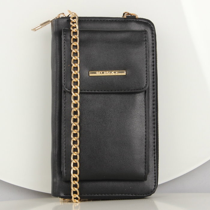Zoozie Bags Bolsa de Teléfono de Cuero Negra con Billetera y Correa de Cadena Zoozie Bags Bolsa de Teléfono de Cuero Negra con Billetera y Correa de Cadena